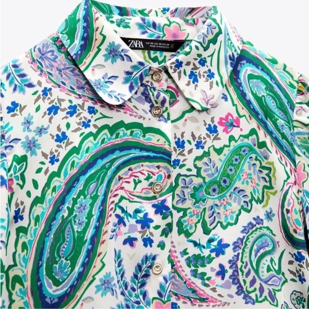 ZARA Paisley Print Satin Blouse Sz M Green Pink Boho Button Front - Picture 10 of 14